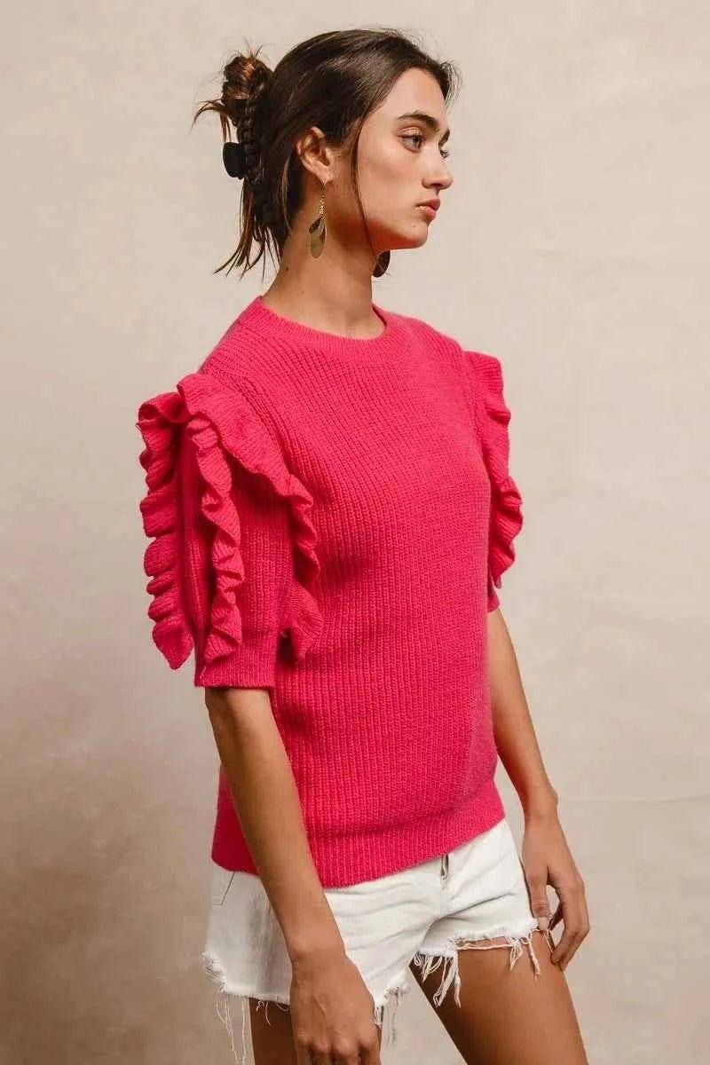BiBi Ruffle Sleeve Ribbed Sweater.