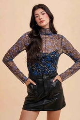 Annie Wear Floral Lettuce Hem Sheer Mesh Top.