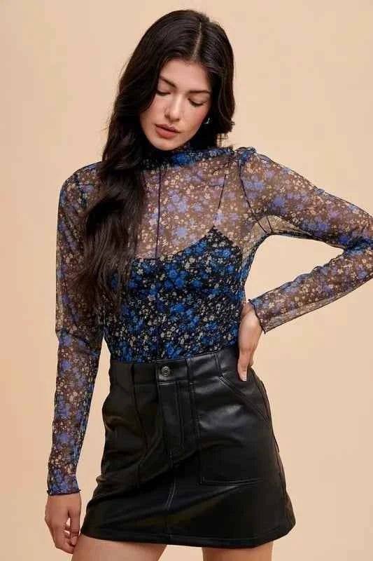 Annie Wear Floral Lettuce Hem Sheer Mesh Top.