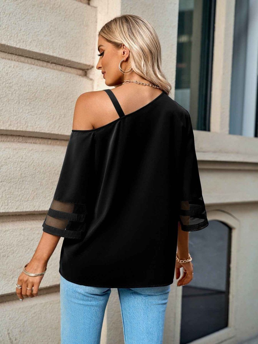 Asymmetrical Neck Sheer Striped Flare Sleeve Blouse.