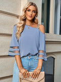 Asymmetrical Neck Sheer Striped Flare Sleeve Blouse.