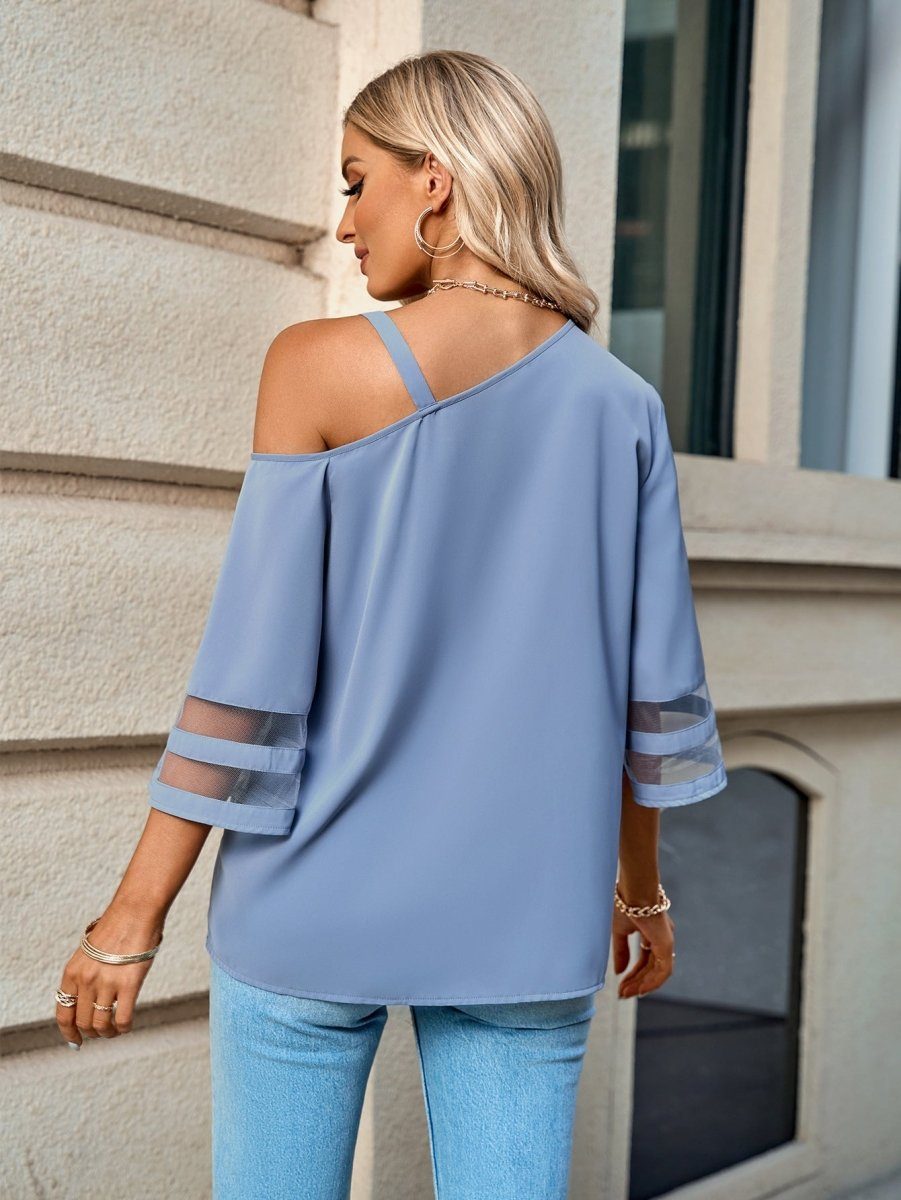 Asymmetrical Neck Sheer Striped Flare Sleeve Blouse.
