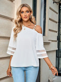 Asymmetrical Neck Sheer Striped Flare Sleeve Blouse.