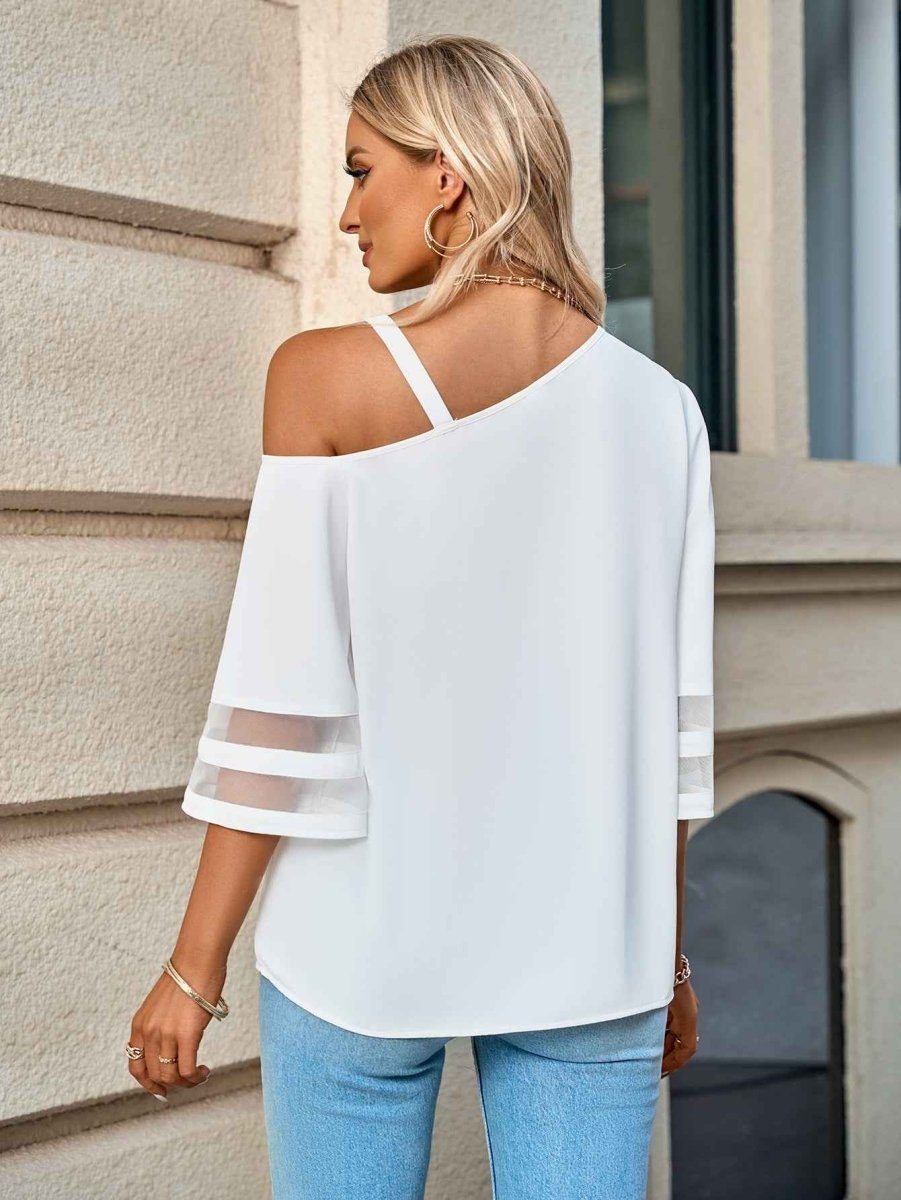 Asymmetrical Neck Sheer Striped Flare Sleeve Blouse.