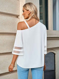 Asymmetrical Neck Sheer Striped Flare Sleeve Blouse.
