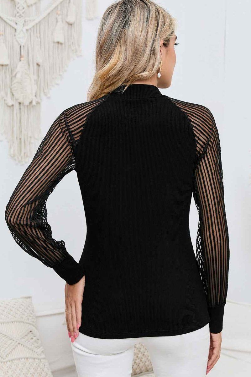 Chic Round Neck Semi-Sheer Sleeve Blouse.