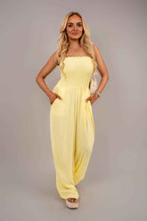 Strapless Shirred Bandeau Wide Leg Jumpsuit.