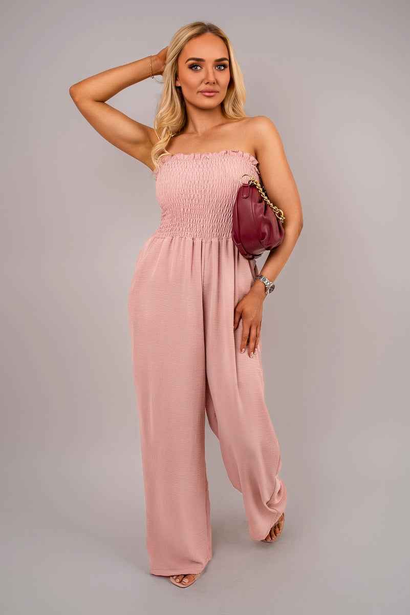 Strapless Shirred Bandeau Wide Leg Jumpsuit.