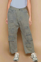 POL Distressed Raw Hem Wide Leg Pants.