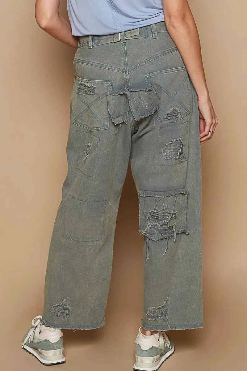 POL Distressed Raw Hem Wide Leg Pants.