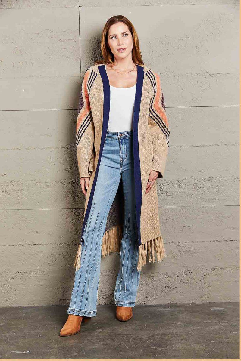 Angel Wings Geometric Fringe Hem Open Front Duster Cardigan.