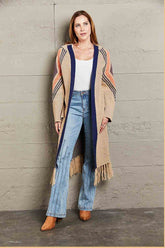 Angel Wings Geometric Fringe Hem Open Front Duster Cardigan.