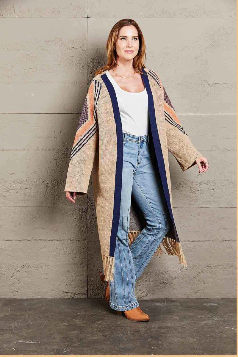 Angel Wings Geometric Fringe Hem Open Front Duster Cardigan.