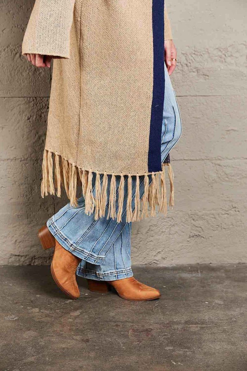 Angel Wings Geometric Fringe Hem Open Front Duster Cardigan.
