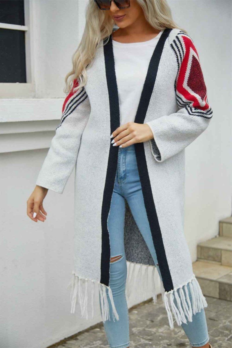 Angel Wings Geometric Fringe Hem Open Front Duster Cardigan.