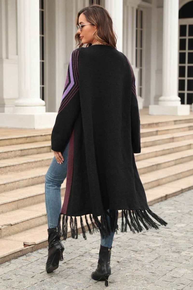 Angel Wings Geometric Fringe Hem Open Front Duster Cardigan.
