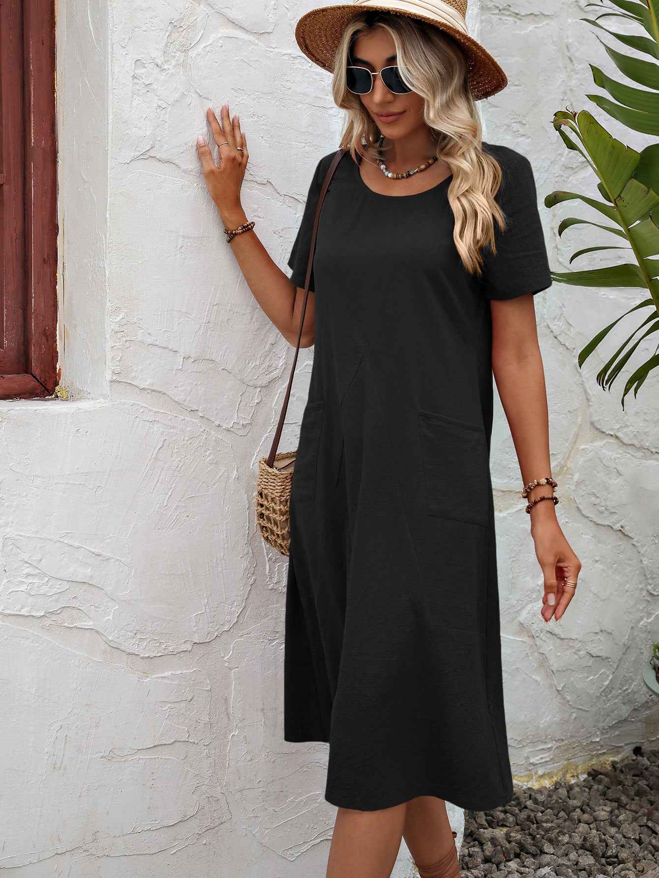 Ivy Lane Round Neck Short Sleeve Dress with Pockets.