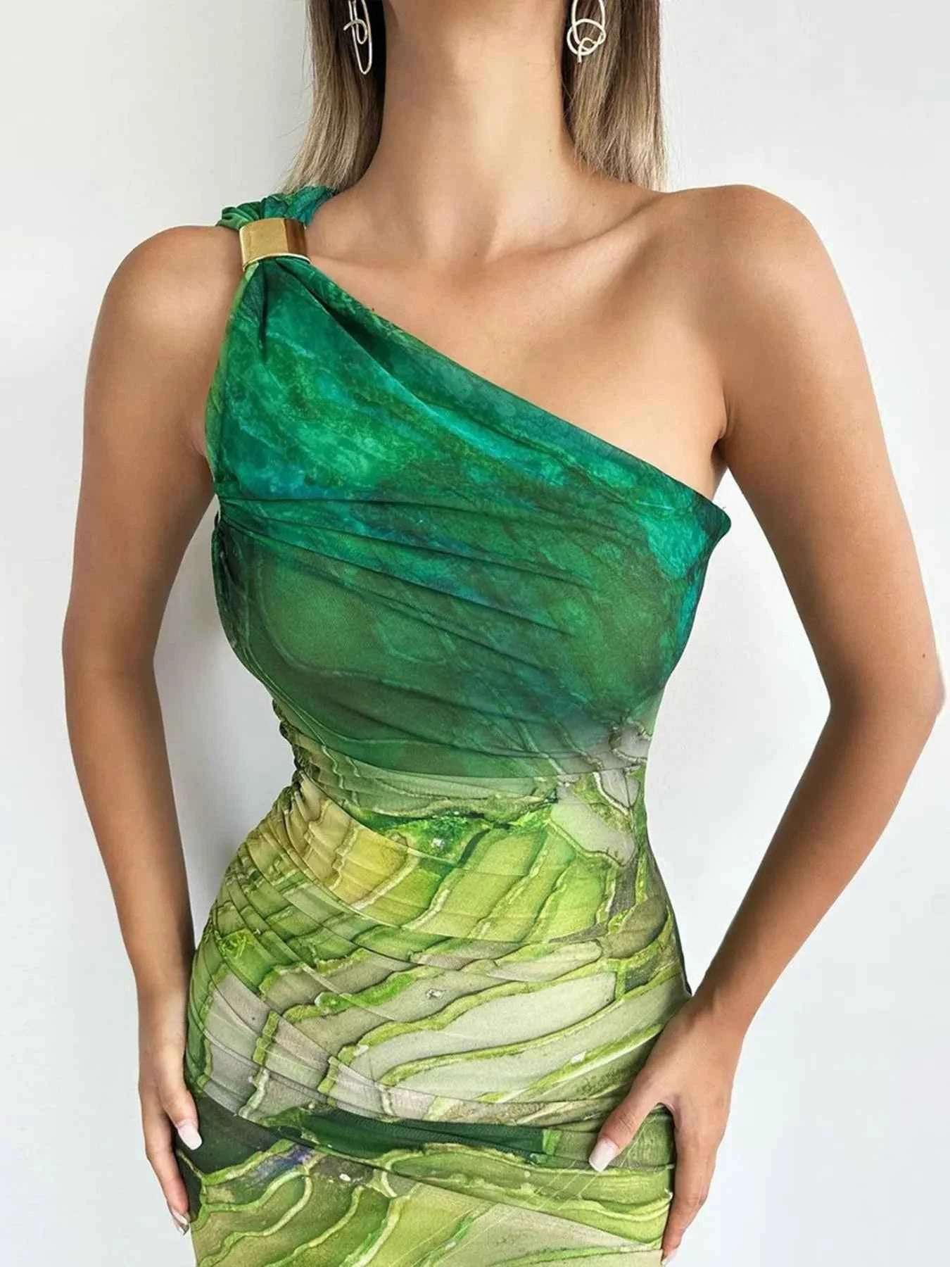 One Shoulder Ruched Bodycon Maxi Dress.