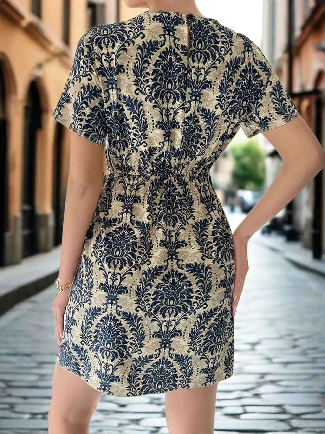 Printed Round Neck Short Sleeve Dress.