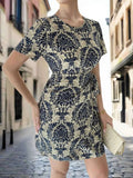 Printed Round Neck Short Sleeve Dress.