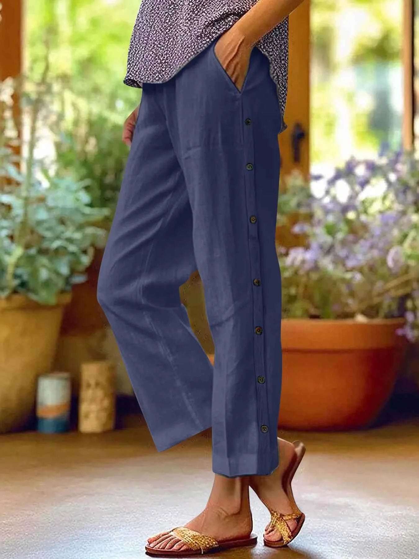 Casual Plus Size Wide Leg Button Decor Pants.