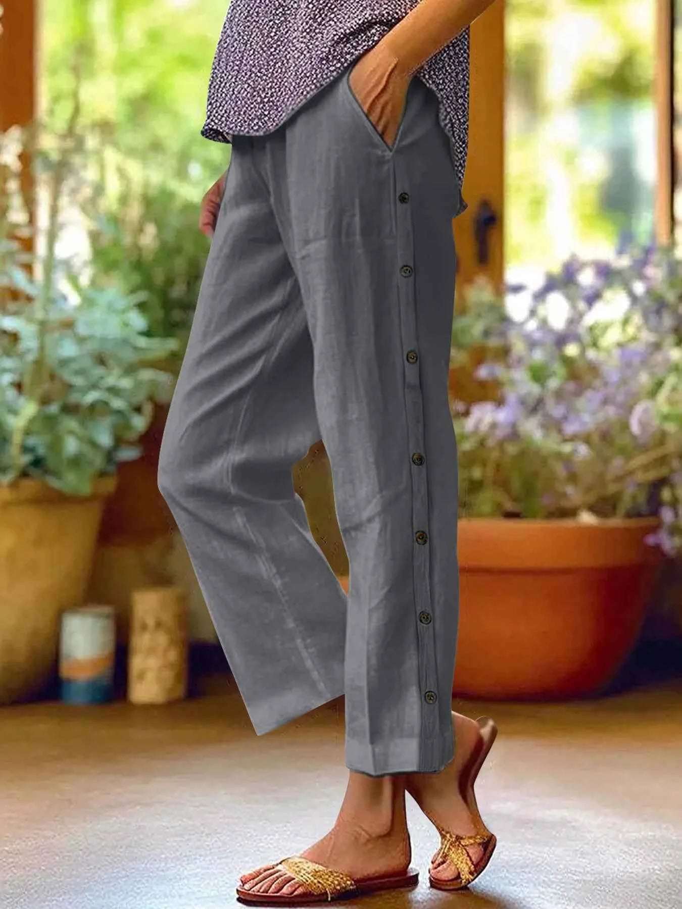 Casual Plus Size Wide Leg Button Decor Pants.