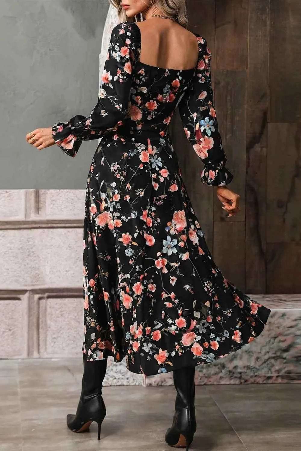 Floral Print Flounce Sleeve Midi Dress.