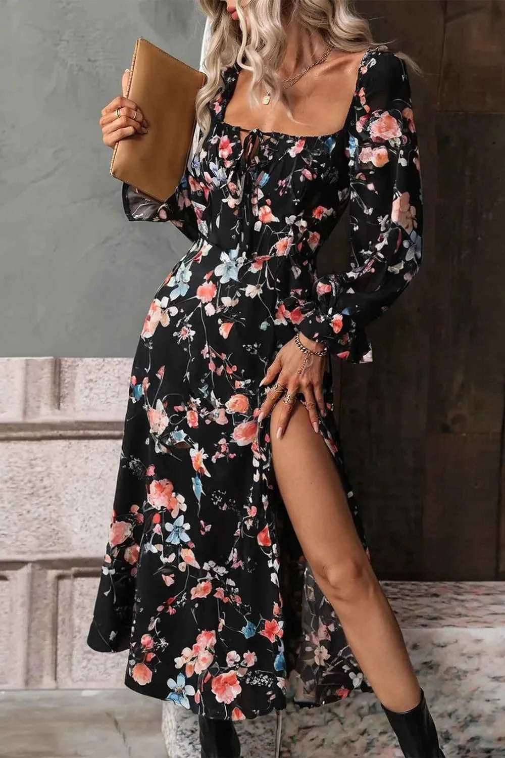 Floral Print Flounce Sleeve Midi Dress.