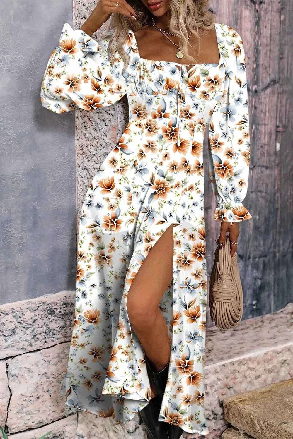 Floral Print Flounce Sleeve Midi Dress.