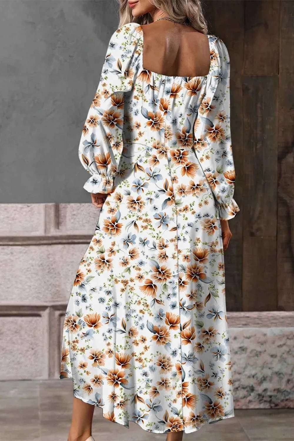 Floral Print Flounce Sleeve Midi Dress.