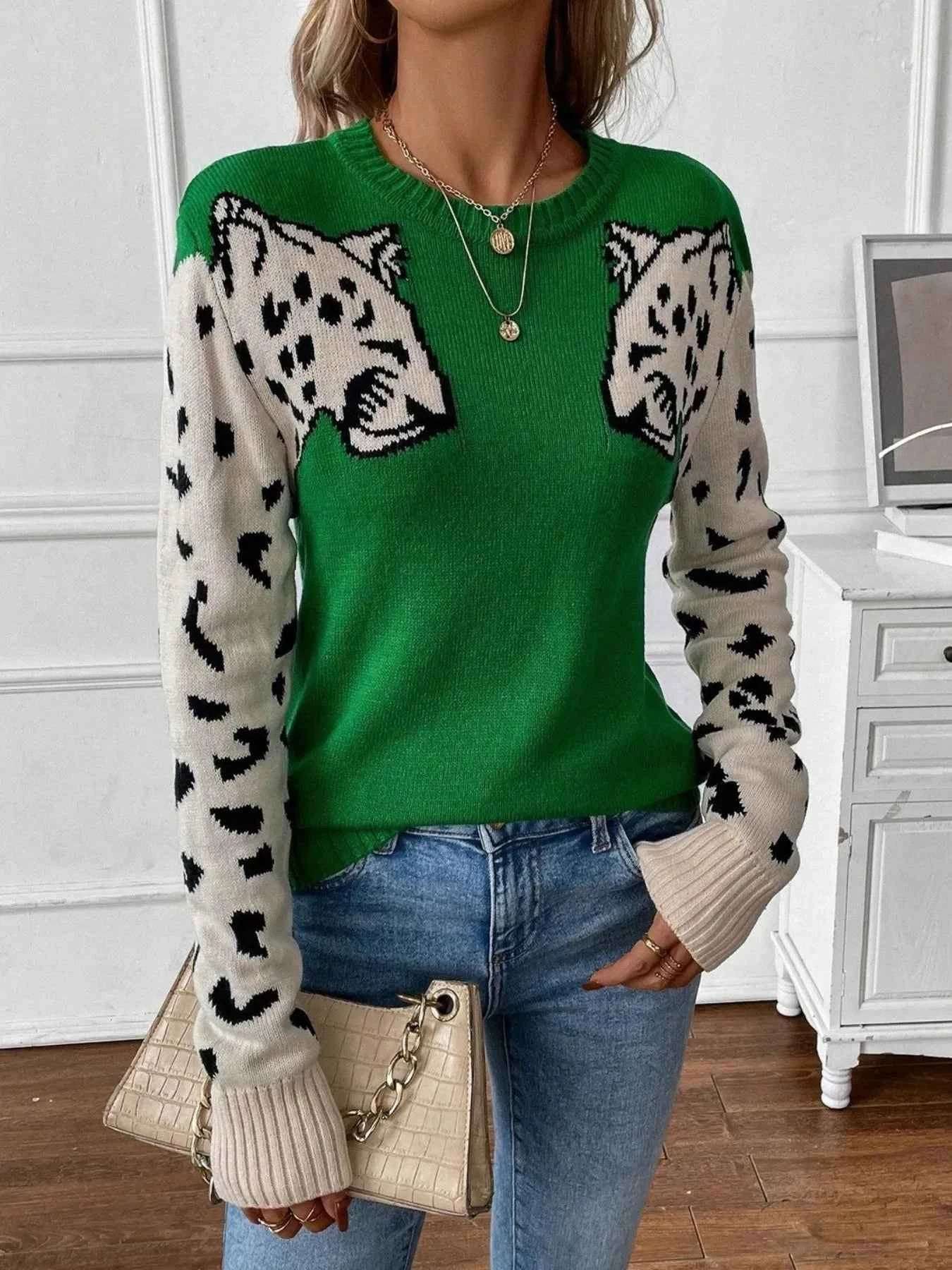 Leopard Print Round Neck Sweater.