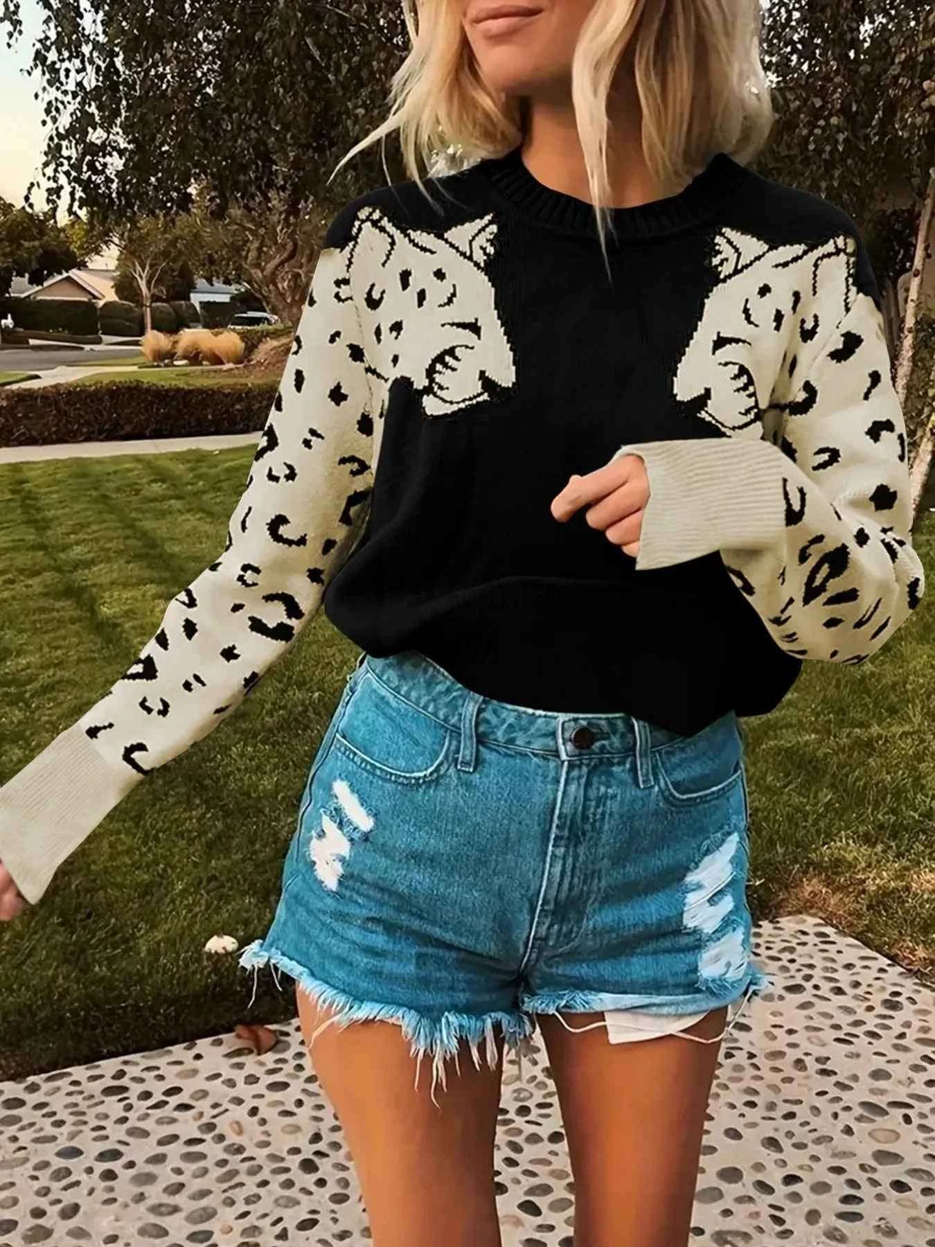 Leopard Print Round Neck Sweater.