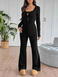 Tie Front Long Sleeve Flare Jumpsuit.
