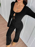 Tie Front Long Sleeve Flare Jumpsuit.