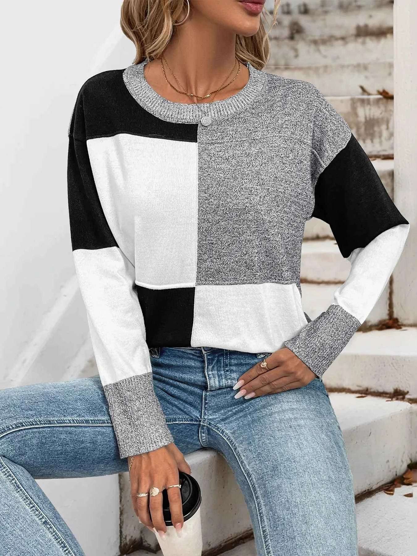 Color Block Knit Long Sleeve Sweater.