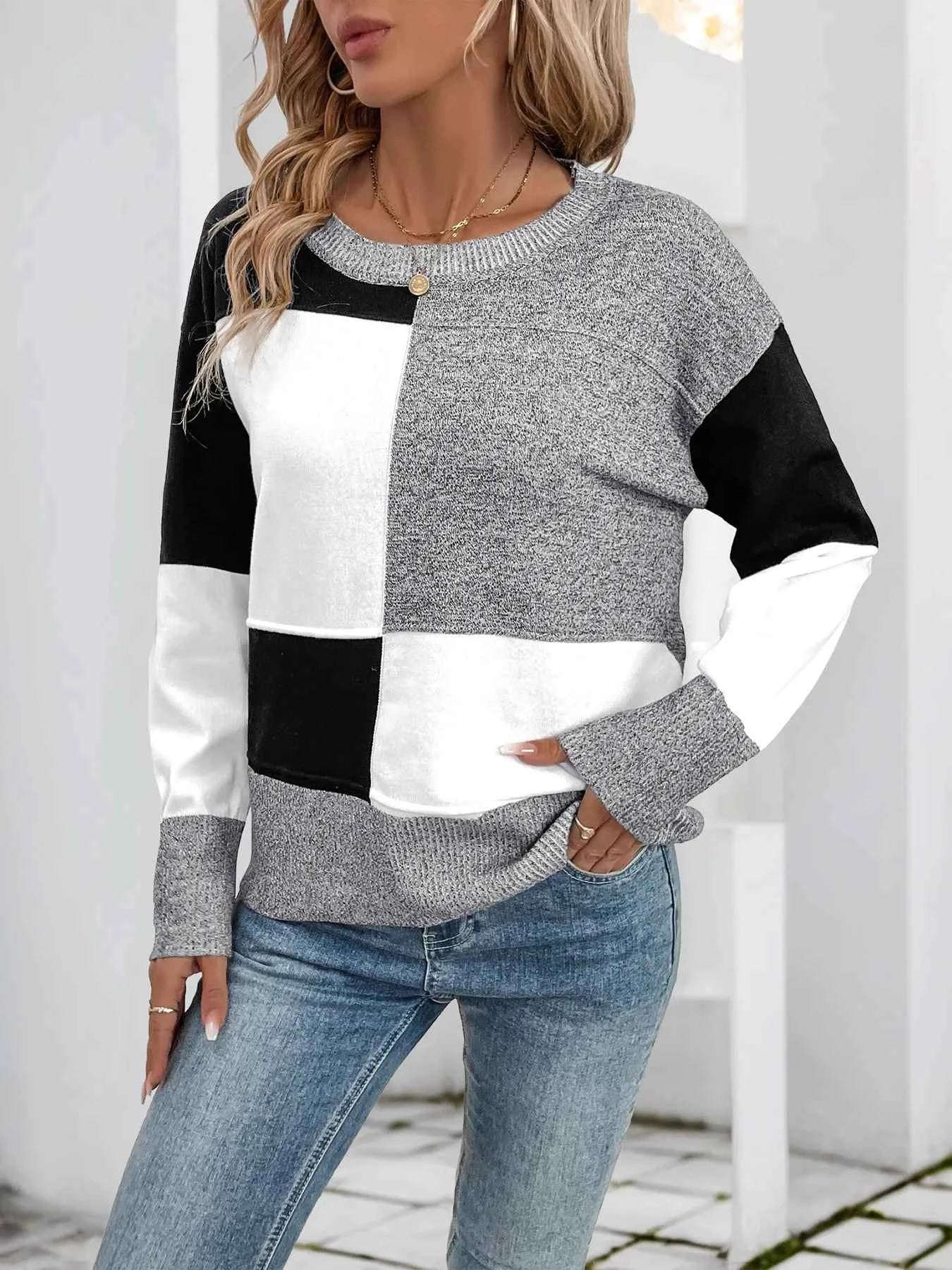 Color Block Knit Long Sleeve Sweater.