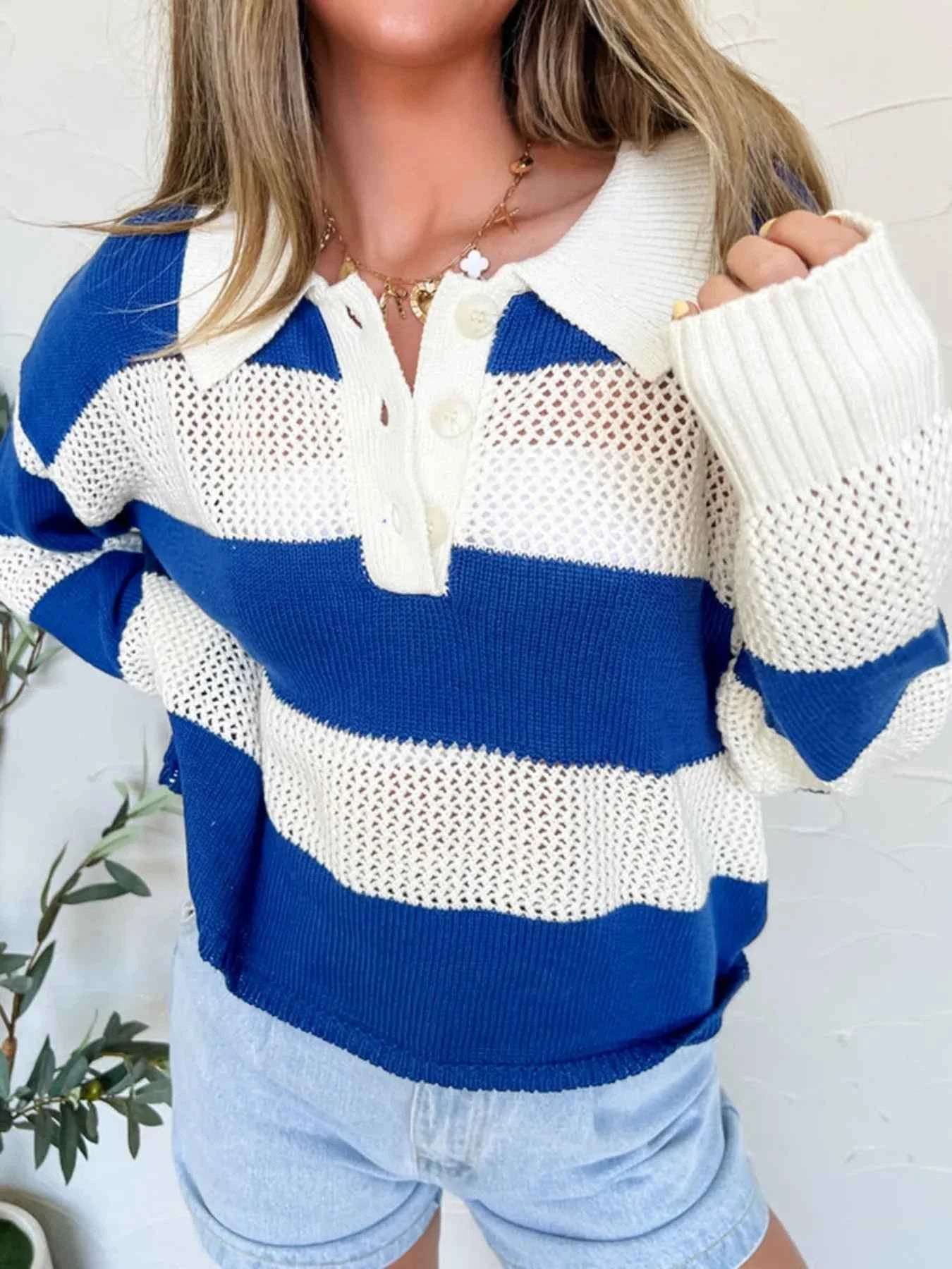 Stripe Colorblock Polo Collar Crochet Knitted Cover Up.