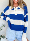 Stripe Colorblock Polo Collar Crochet Knitted Cover Up.