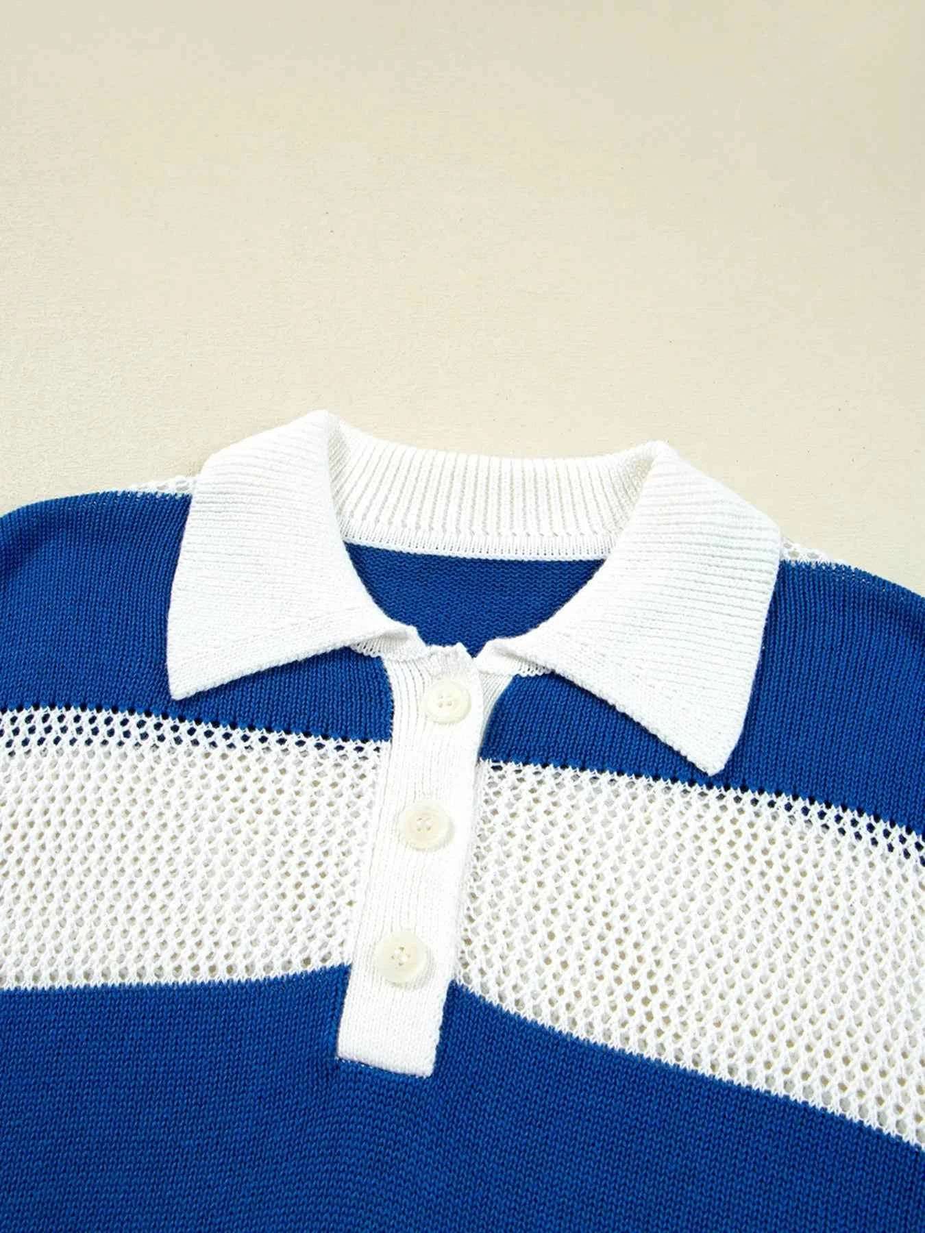 Stripe Colorblock Polo Collar Crochet Knitted Cover Up.