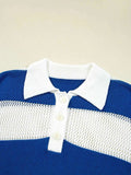 Stripe Colorblock Polo Collar Crochet Knitted Cover Up.