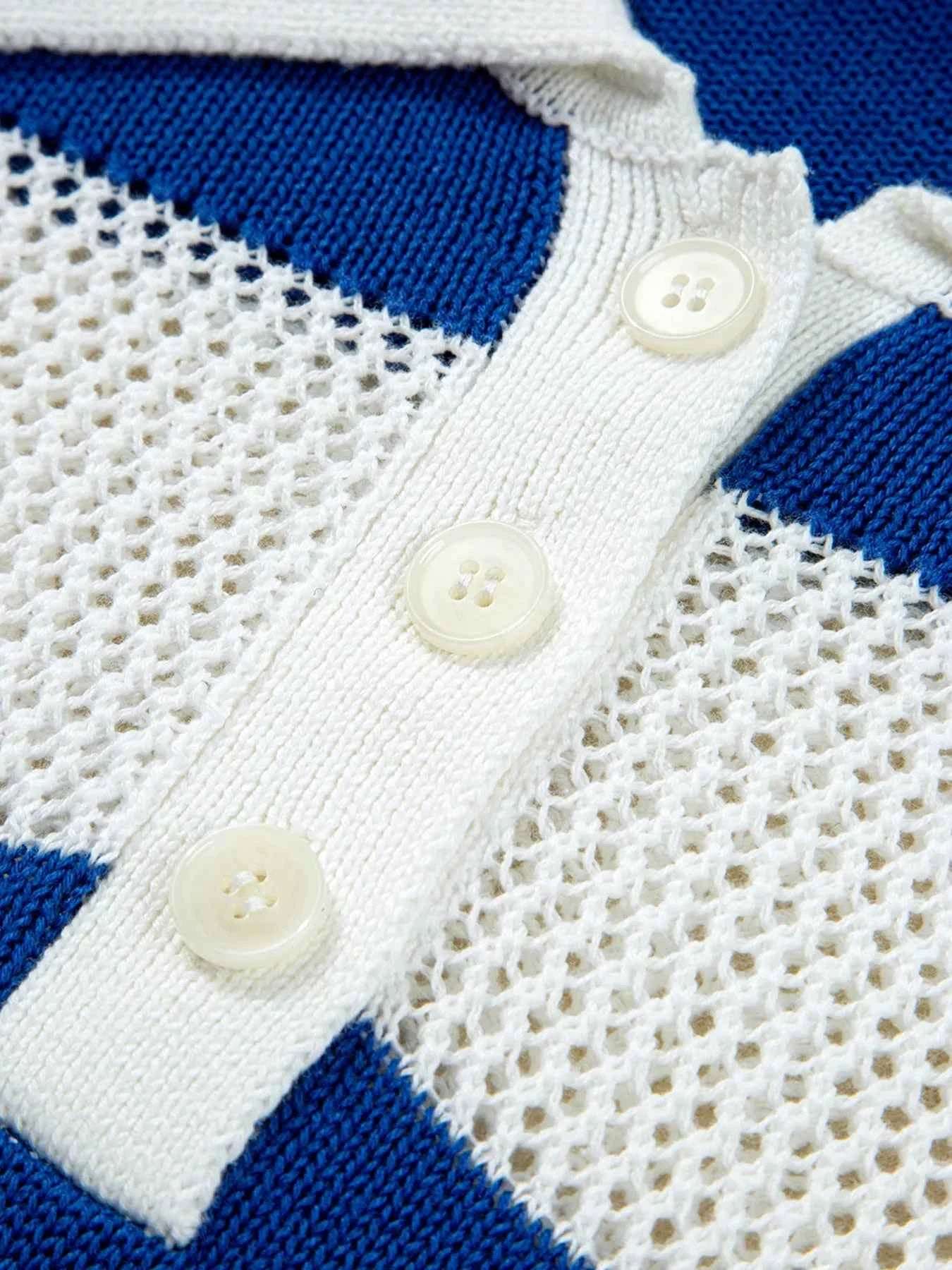 Stripe Colorblock Polo Collar Crochet Knitted Cover Up.