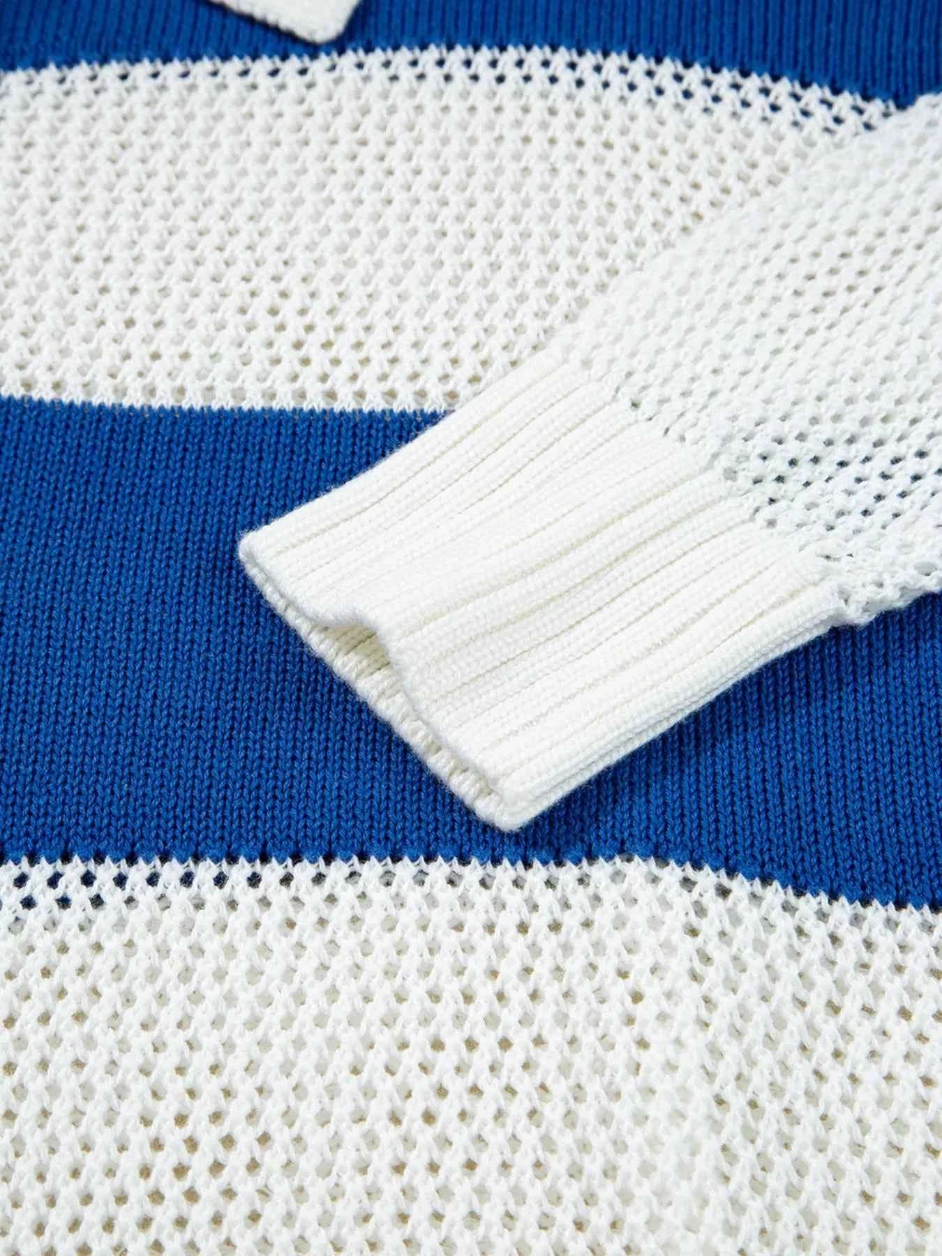 Stripe Colorblock Polo Collar Crochet Knitted Cover Up.