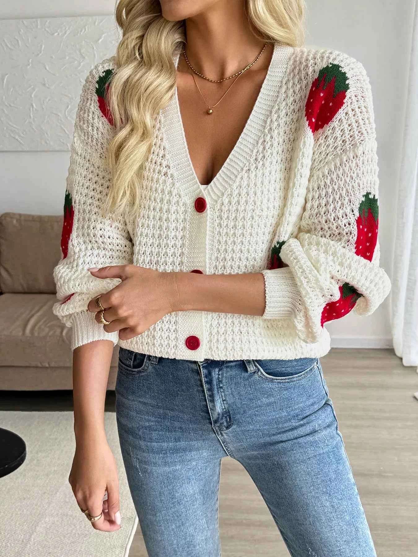 Strawberry Pattern V-Neck Button-Up Cardigan.