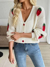Strawberry Pattern V-Neck Button-Up Cardigan.