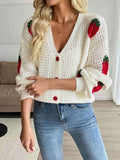 Strawberry Pattern V-Neck Button-Up Cardigan.