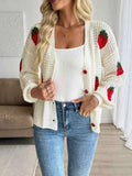 Strawberry Pattern V-Neck Button-Up Cardigan.