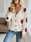 Strawberry Pattern V-Neck Button-Up Cardigan.