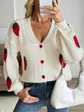 Strawberry Pattern V-Neck Button-Up Cardigan.