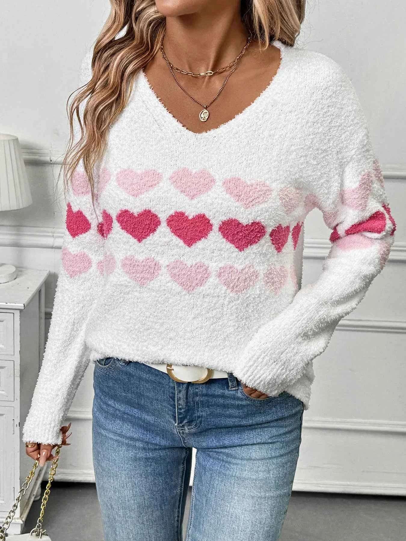 Heart Pattern V-Neck Sweater.