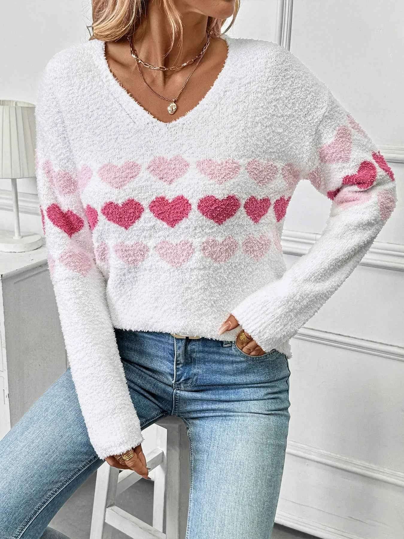 Heart Pattern V-Neck Sweater.